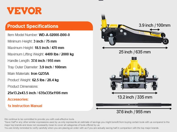 Ljustra 2 Ton Low Profile Floor Jack Hydraulic Car Jack Quick Lift Pump