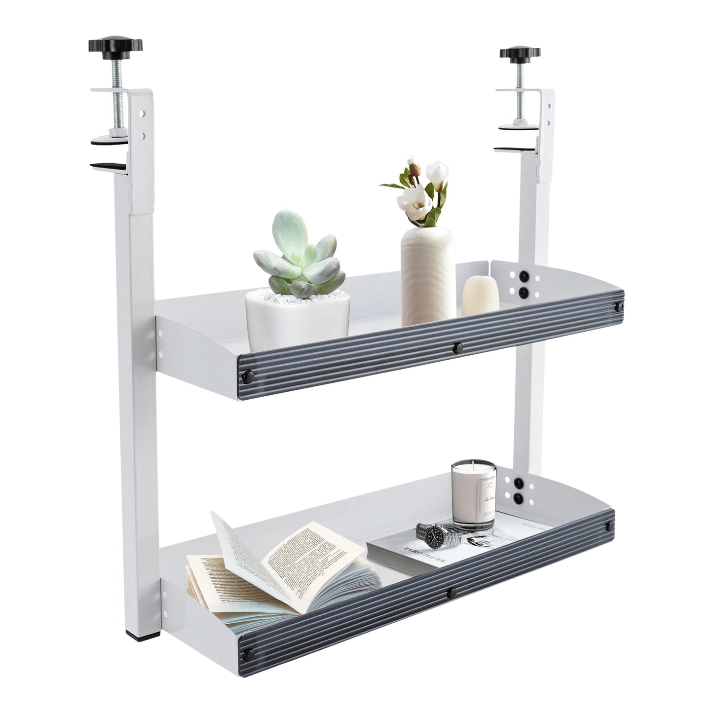 Clamp-on Desk Shelf 2-Tier Metal Organizer Above Under Table Storage