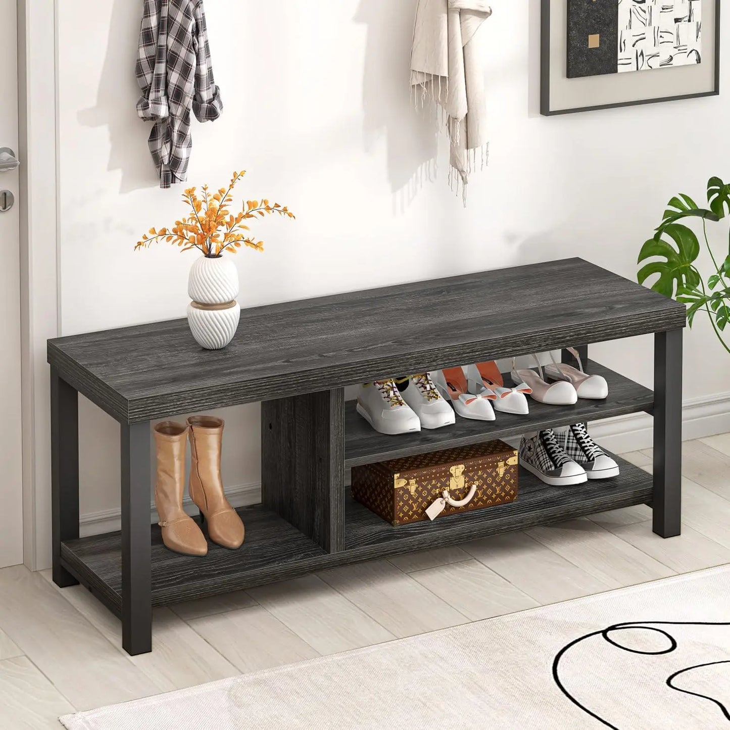Entryway Bench with Shoe Storage Rustic Wooden Hallway Furniture