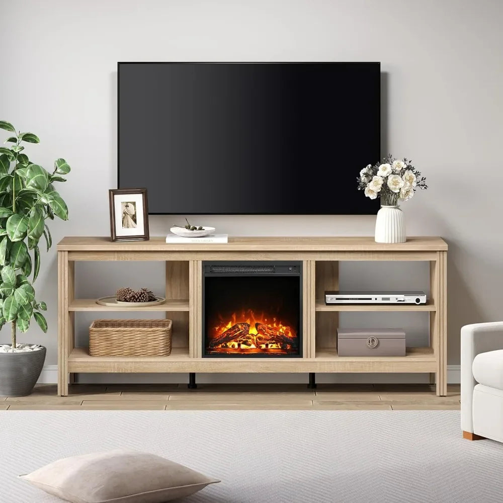 Electric Fireplace TV Stand for 75 Inch TV Modern Oak Console