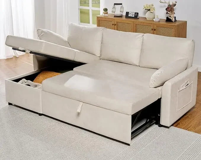 Modern Sleeper Sofa Bed with Storage Chaise & Pull-Out Couch | Bouclé Fabric 84” L-Shaped