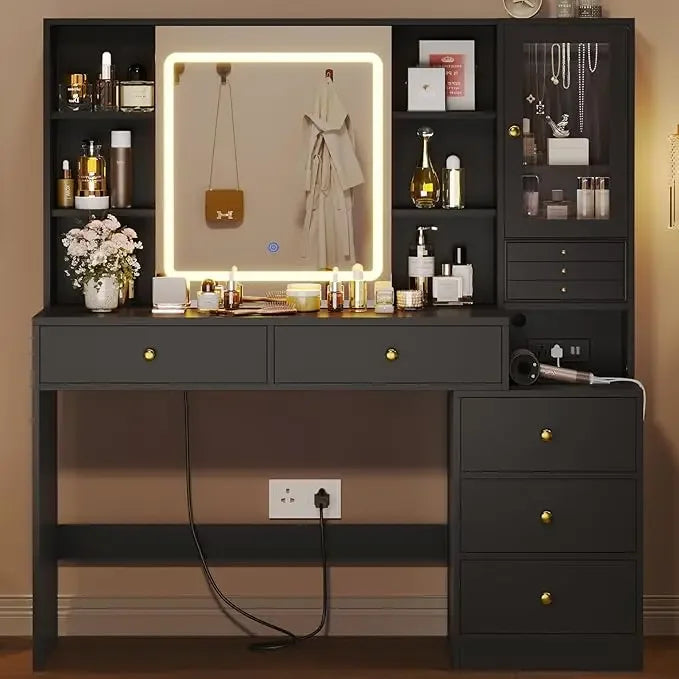 Makeup Vanity Desk with Sliding Mirror Jewelry Organizer and 5 Drawers