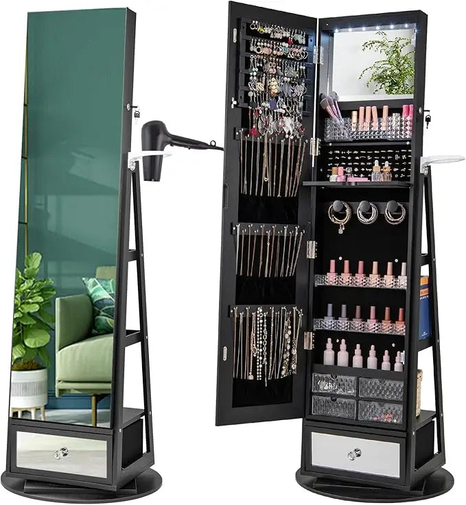 360 Swivel Jewelry Cabinet Armoire Full Length Mirror LED Organizer