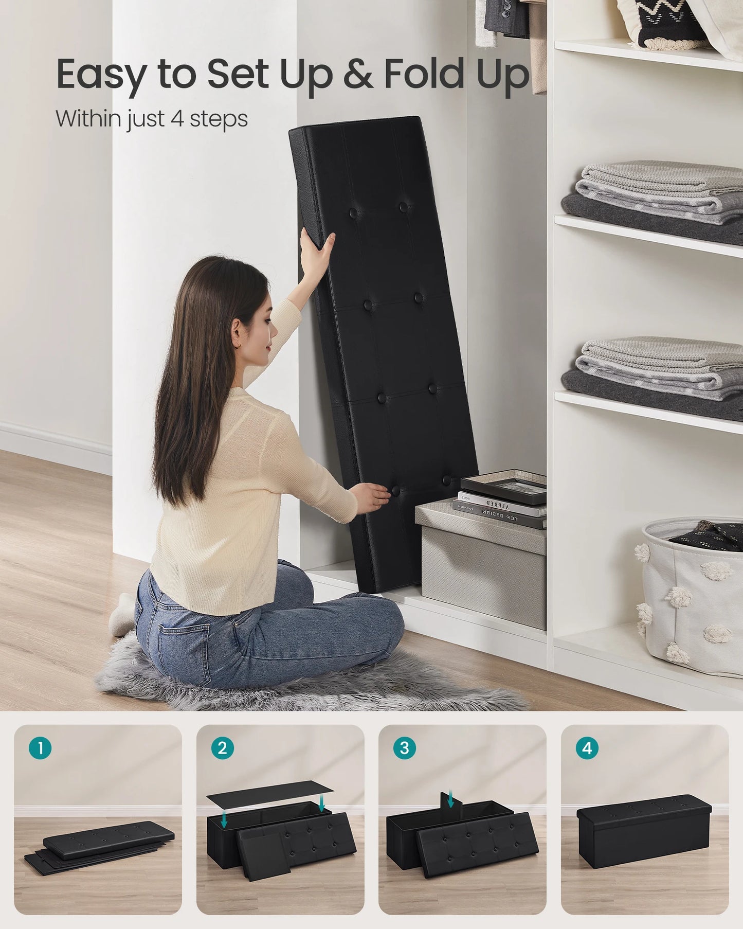 Ljustra 43 Inch Folding Storage Ottoman Bench Coffee Table Faux Leather