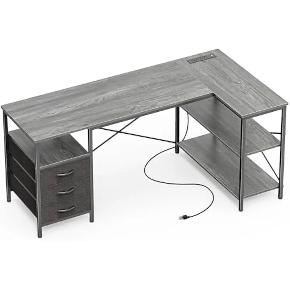 L Shaped Office Desk with Power Outlets and 3 Drawers for Home Office