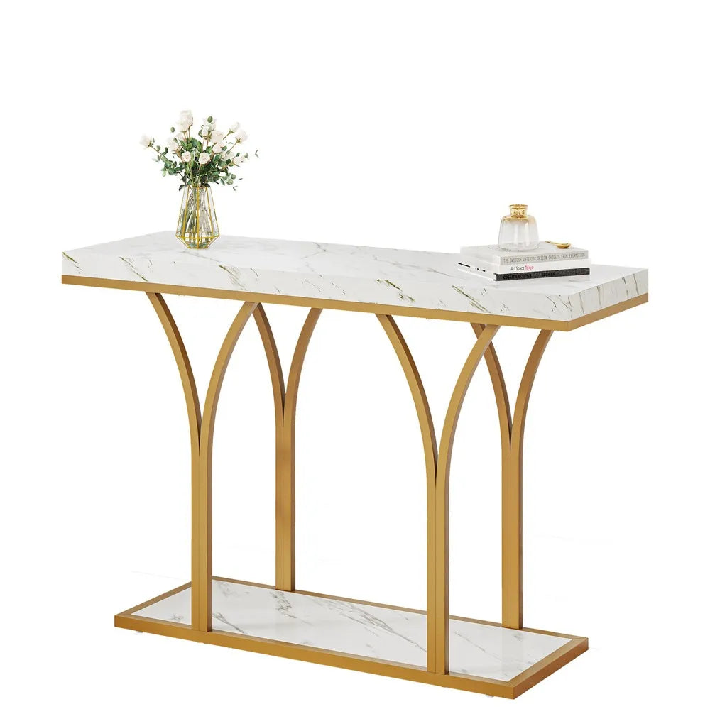 Gold Entryway Console Table with LED Lights Faux Marble Top 39 Inches