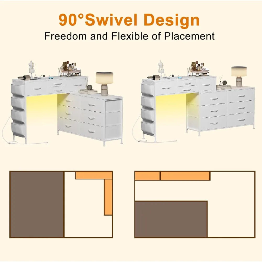 67 Inch Rotatable Dressing Table with LED Lights and Charging Station