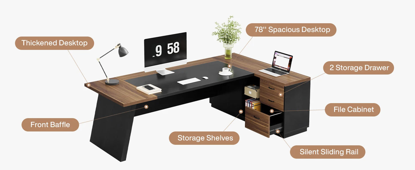 Modern L-Shaped Executive Desk with Drawers and File Cabinet Office