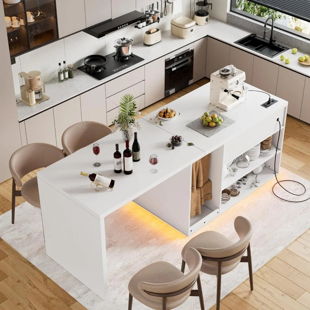 Kitchen Island with LED Light and Storage Drawers Breakfast Bar