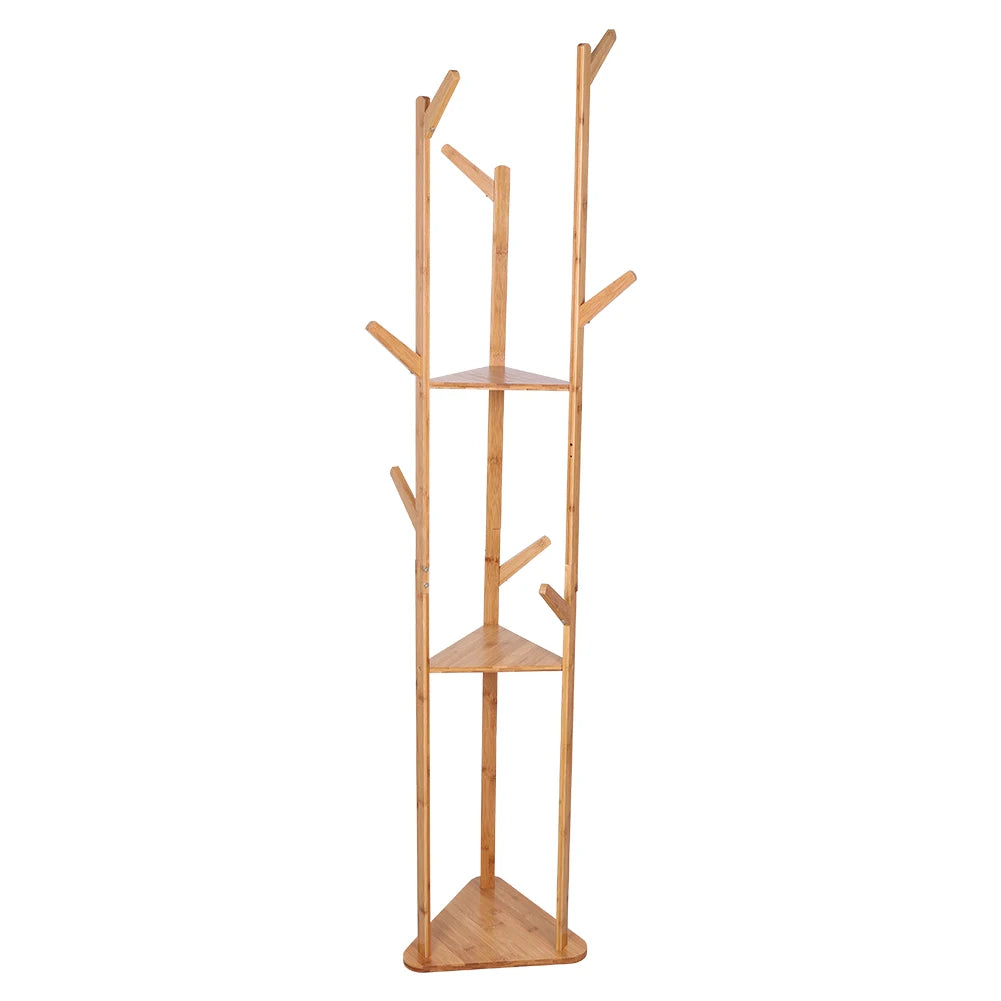 Bamboo Coat Rack Tree with 9 Hooks and 3-Layer Shelf Stand for Home