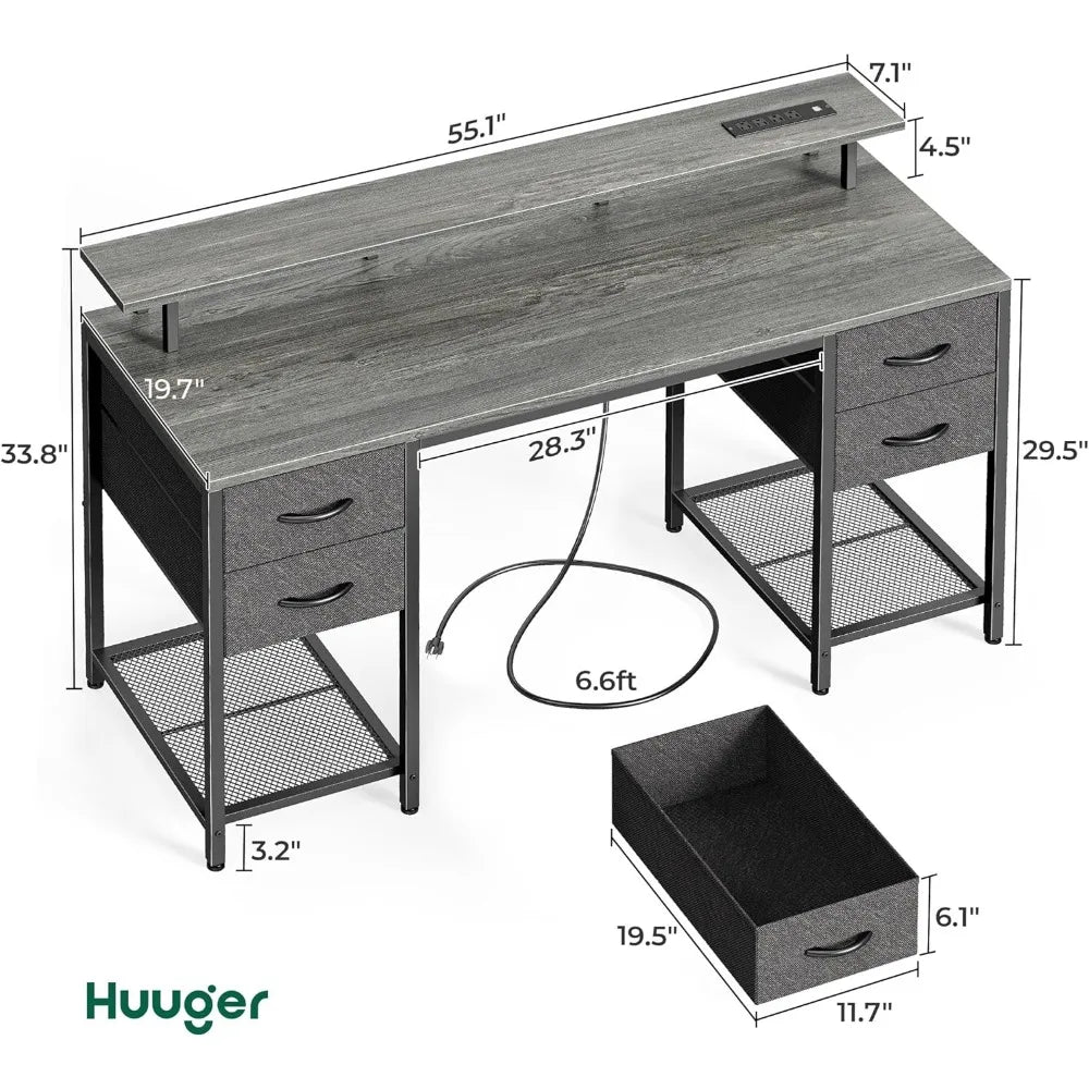 55 Inch Computer Desk with Drawers LED Lights Power Outlets Gaming Desk