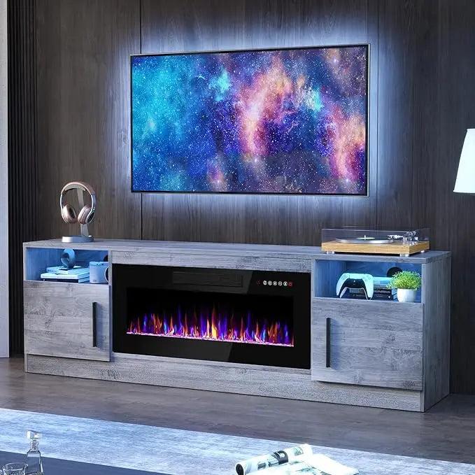 Ljustra 70 Inch Fireplace TV Stand for Up to 80 Inch TVs with LED Lights