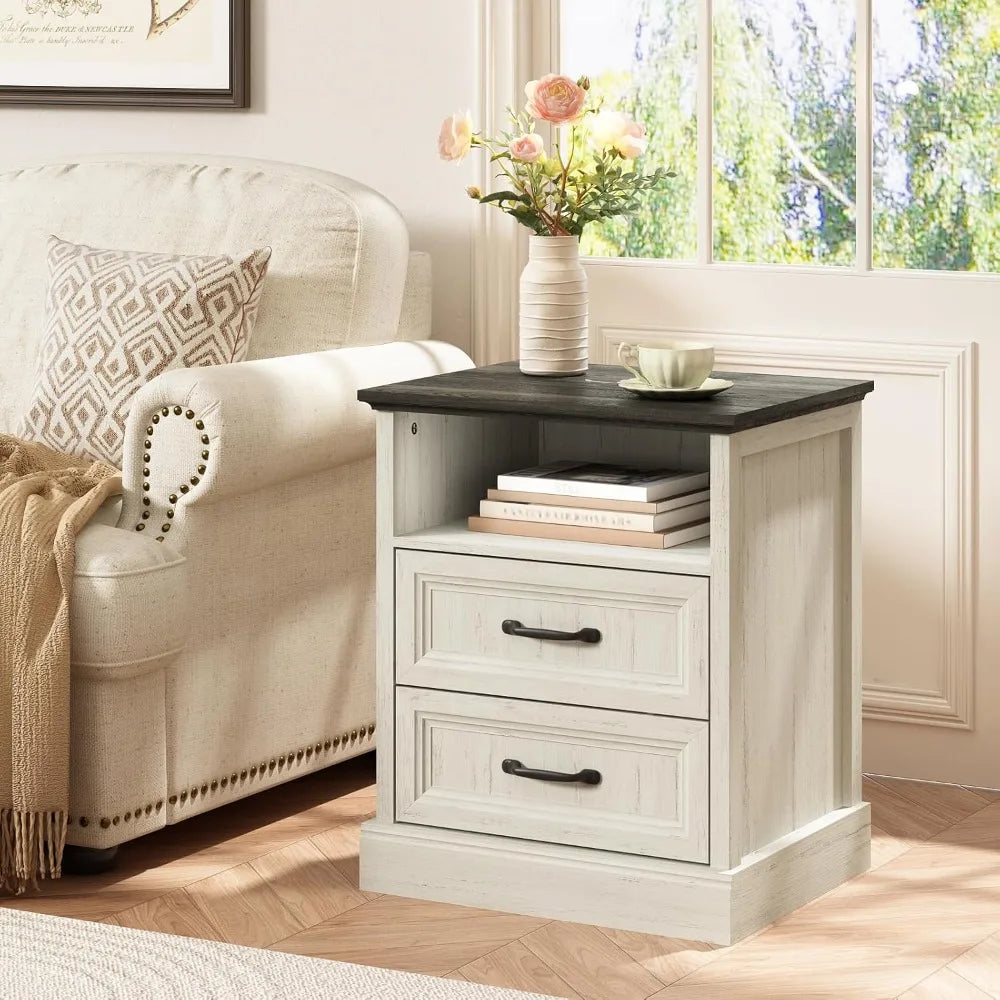 20 Inch Farmhouse Nightstand End Table with Drawers and Open Storage