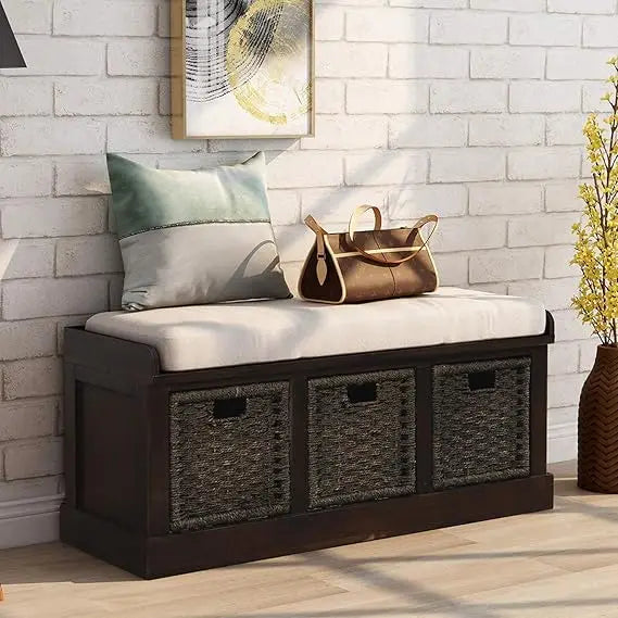 Rustic Storage Bench Entryway Bench with Rattan Baskets and Cushion