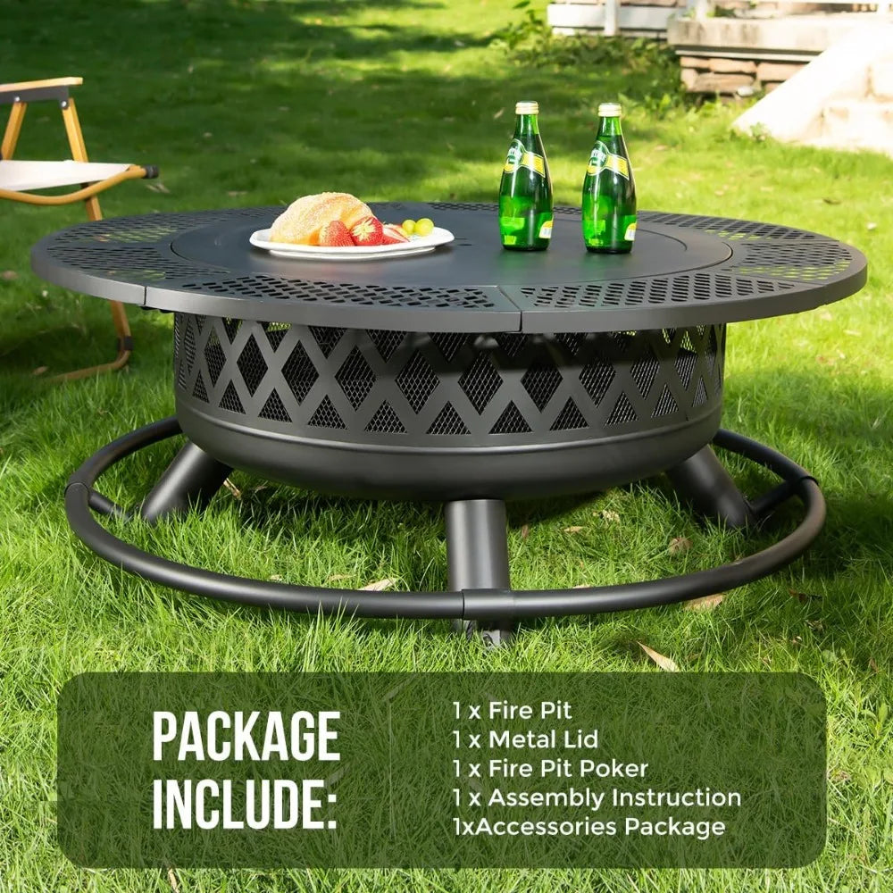 42 Inch Outdoor Fire Pit Table with Grill Wood Burning Metal Firepit