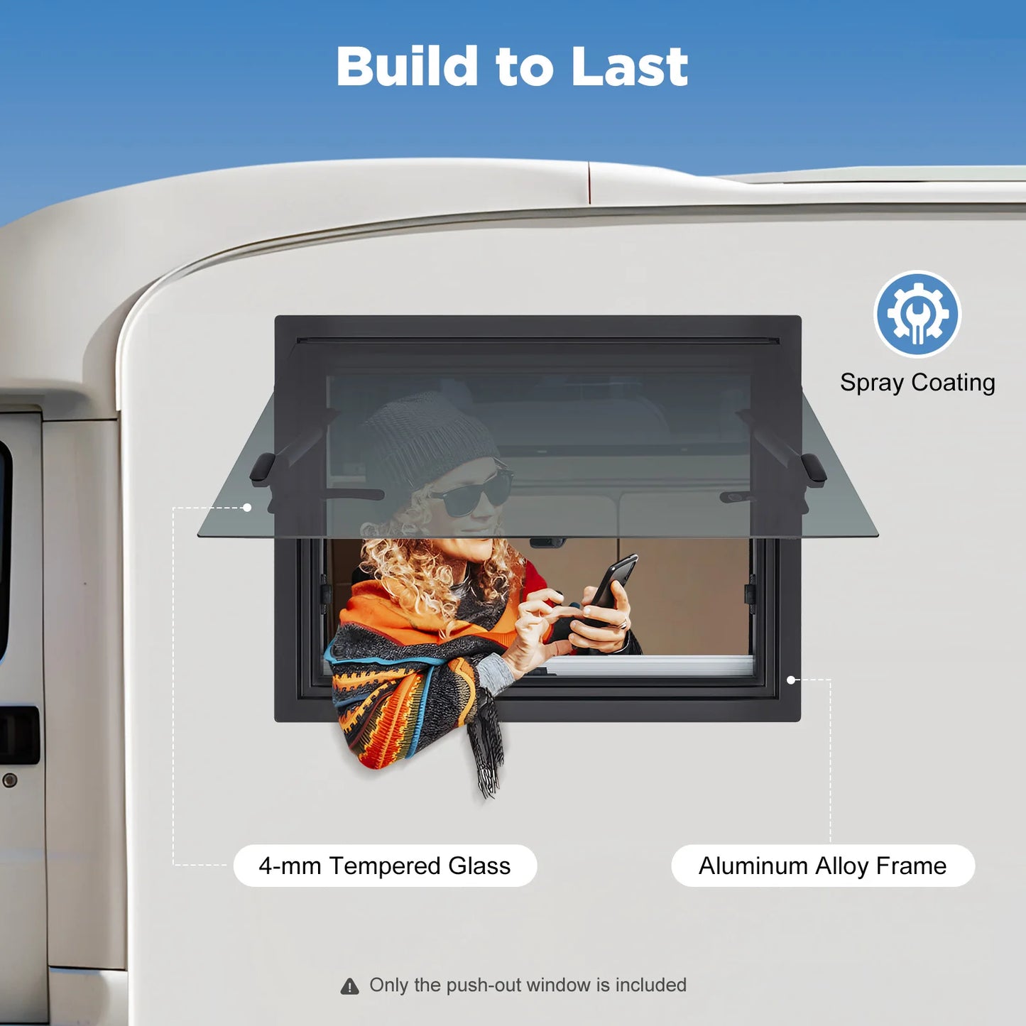 RV Push-out Window Aluminum Alloy Tempered Glass 65 Degree Lockable Handle