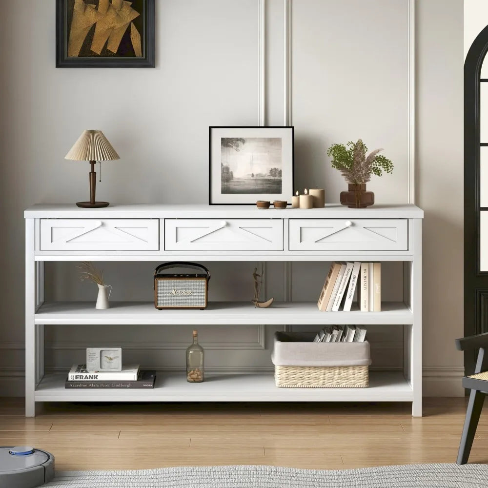 Modern White Entryway Table with 3 Drawers and Storage Shelf