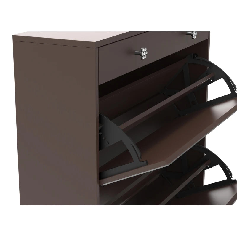 Brown Finish Mirror Shoe Cabinet with 2 Tier Storage Drawers