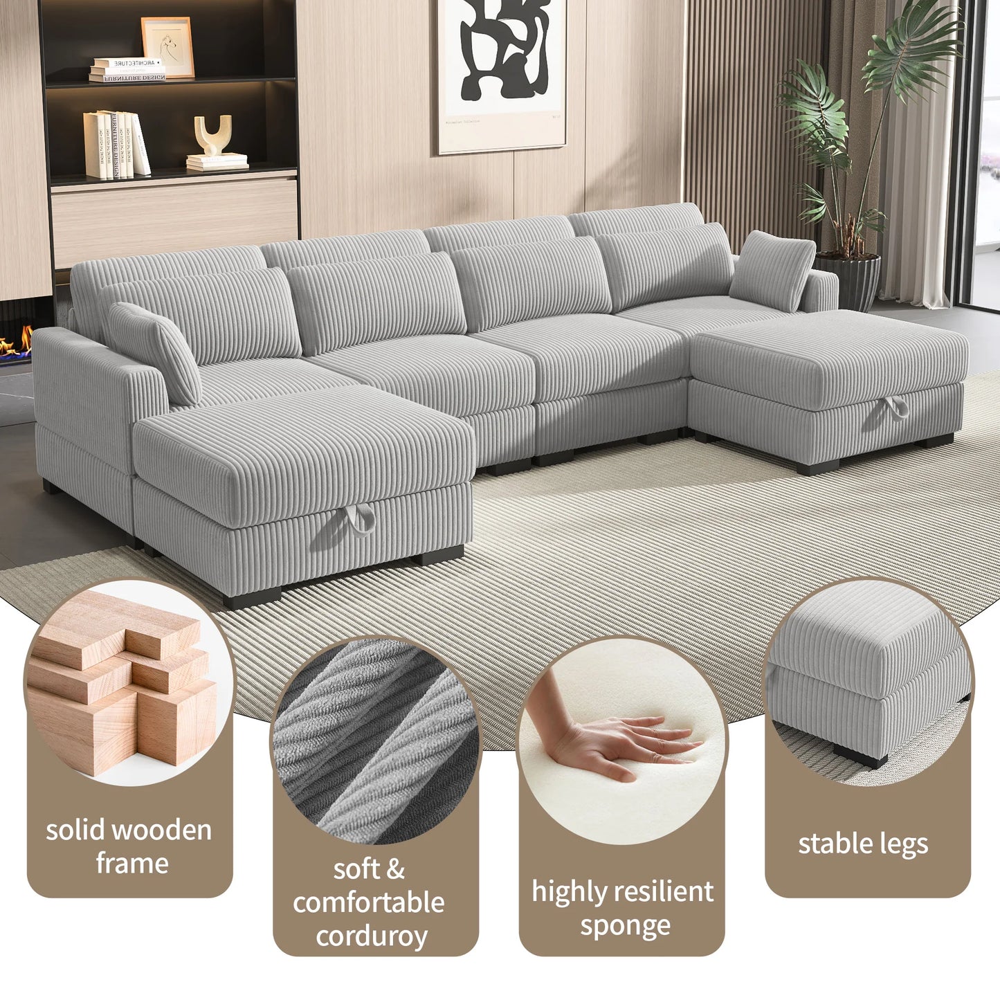 Corduroy Modular Sectional Sofa Modern Cloud Couch Living Room Furniture