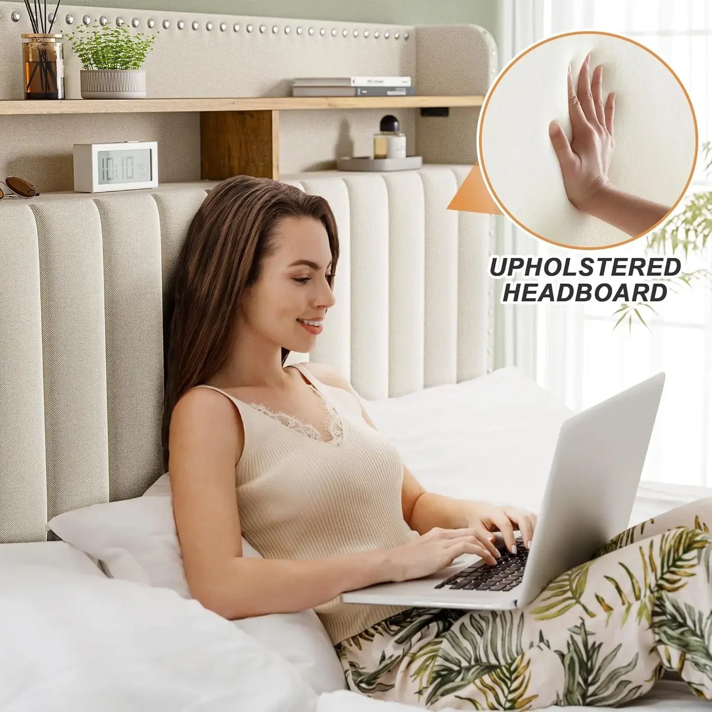 Twin Size Bed Frame with 2-Tier Storage Headboard Upholstered Platform