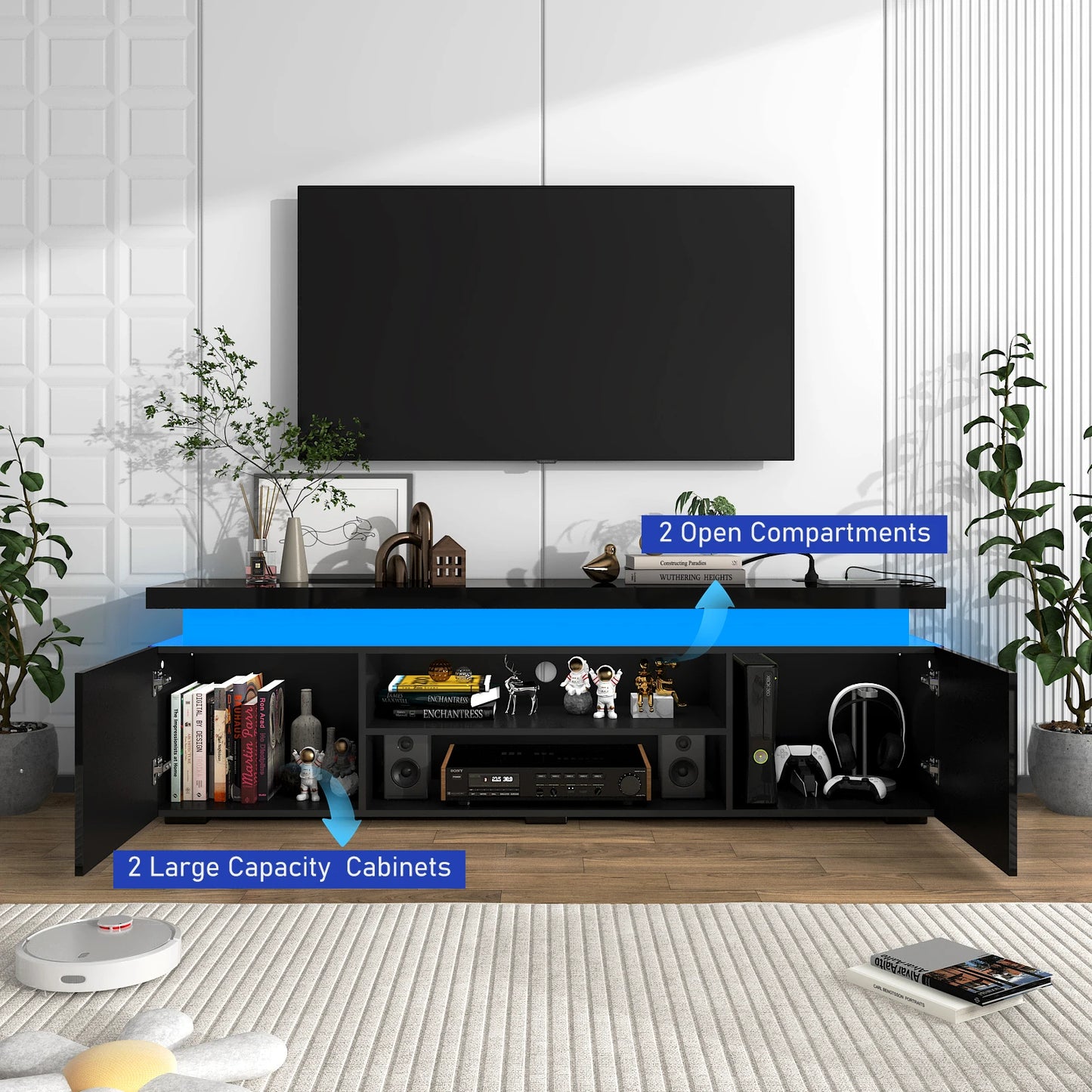 66 Inch LED TV Stand Modern Gaming Cabinet with Power Outlet Storage