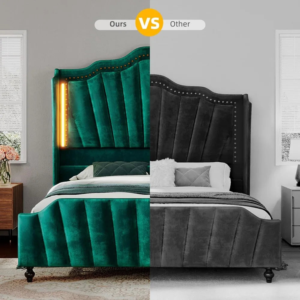 Ljustra Queen Size Platform Bed Frame with Wingback Headboard LED Light