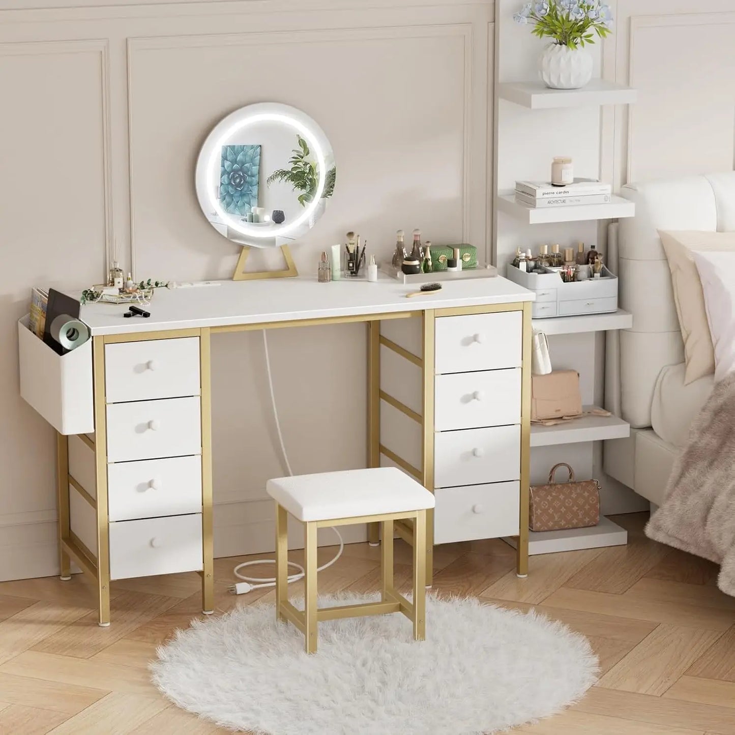 Ljustra Vanity Desk with Lighted Mirror and Chair 8 Drawers Power Outlet
