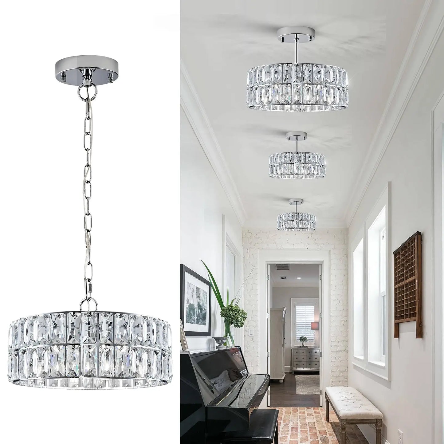 Modern 4-Light Chrome Crystal Pendant Light for Entrance Kitchen Corridor