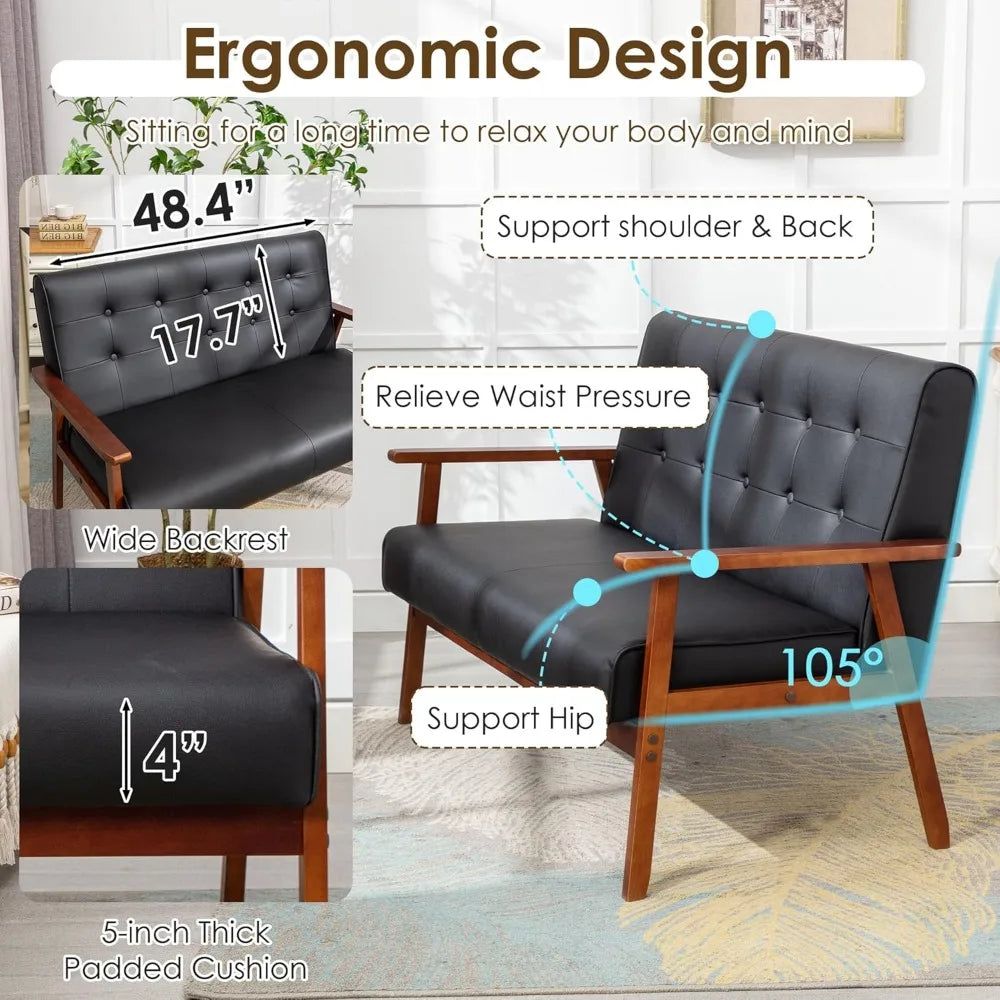 Black Small Leather Couch Mid Century Loveseat Office Booth Seating