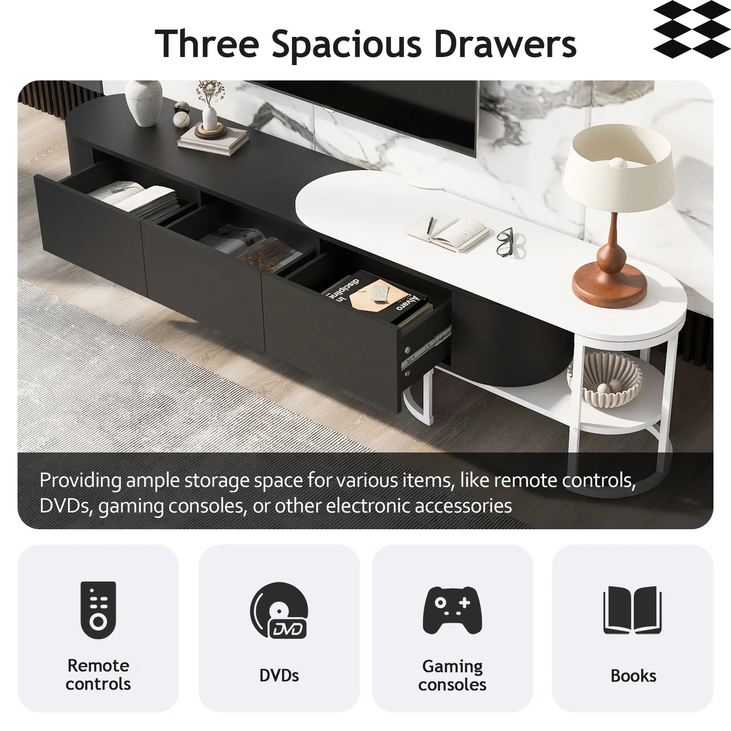 Modern Extendable TV Stand with Drawers and Adjustable Metal Legs