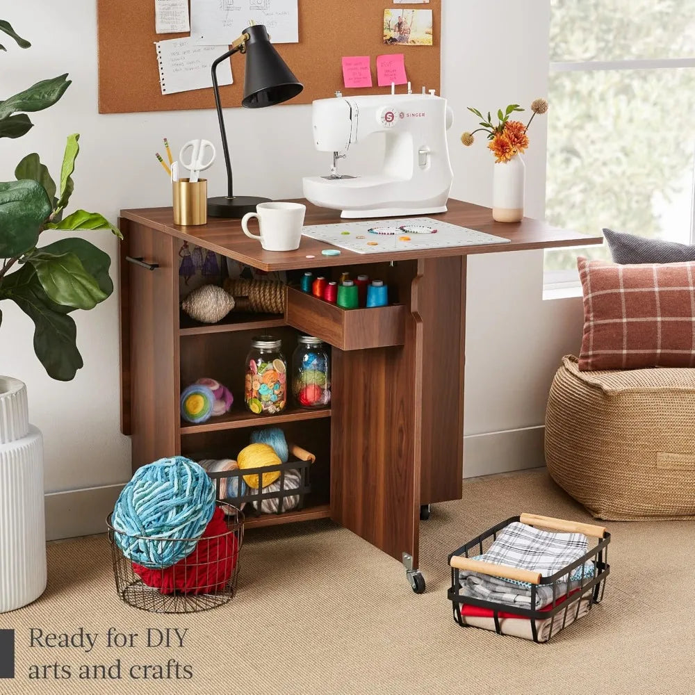 Folding Dining Table Space Saving Drop Leaf Desk with Wheels Storage Shelves