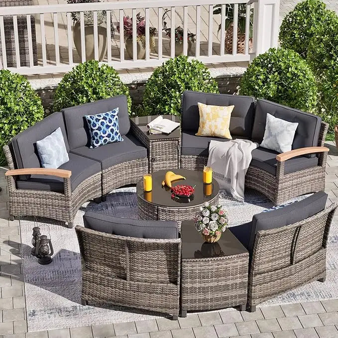 Ljustra 9 Piece Outdoor Patio Furniture Set Half-Moon Curved Sectional