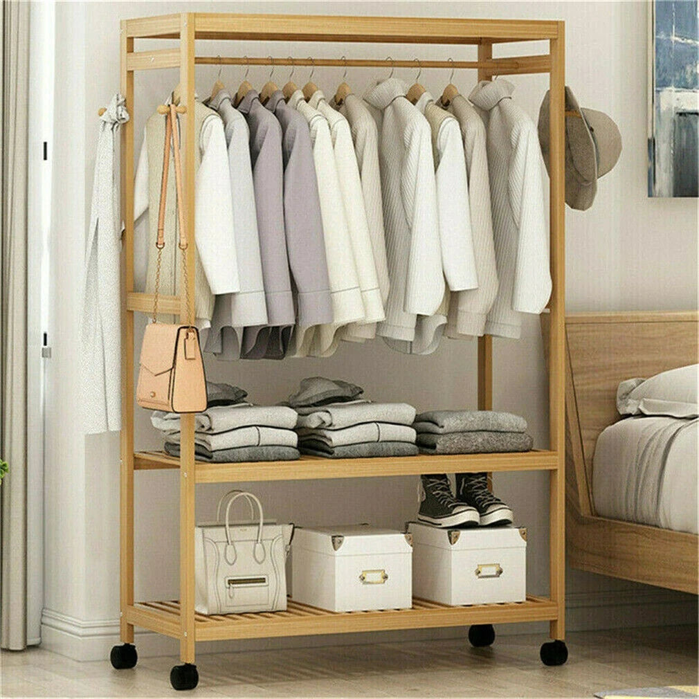 Bamboo Garment Rack with Wheels Multifunctional Clothing Organizer