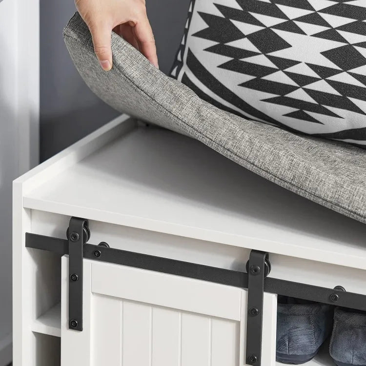 White Rustic Storage Bench with Sliding Barn Doors and Cushion