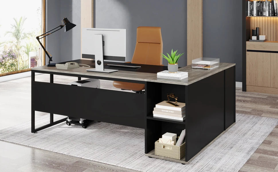 L Shaped Executive Desk with Storage Cabinet 71 Inch Office Furniture