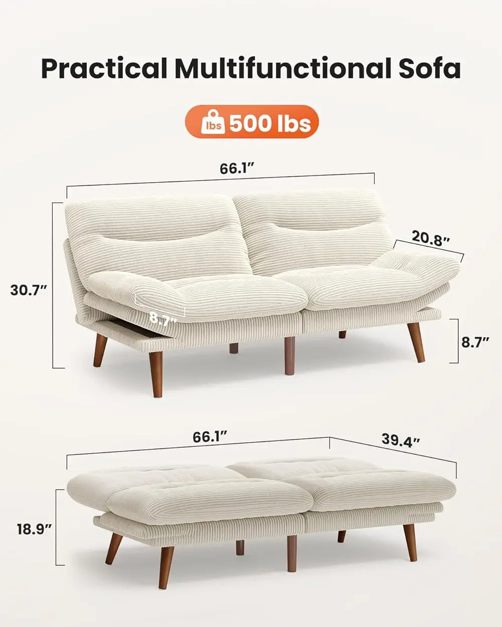 Ljustra 66 Inch Adjustable Backrest Armrests Futon Sofa Bed Sleeper