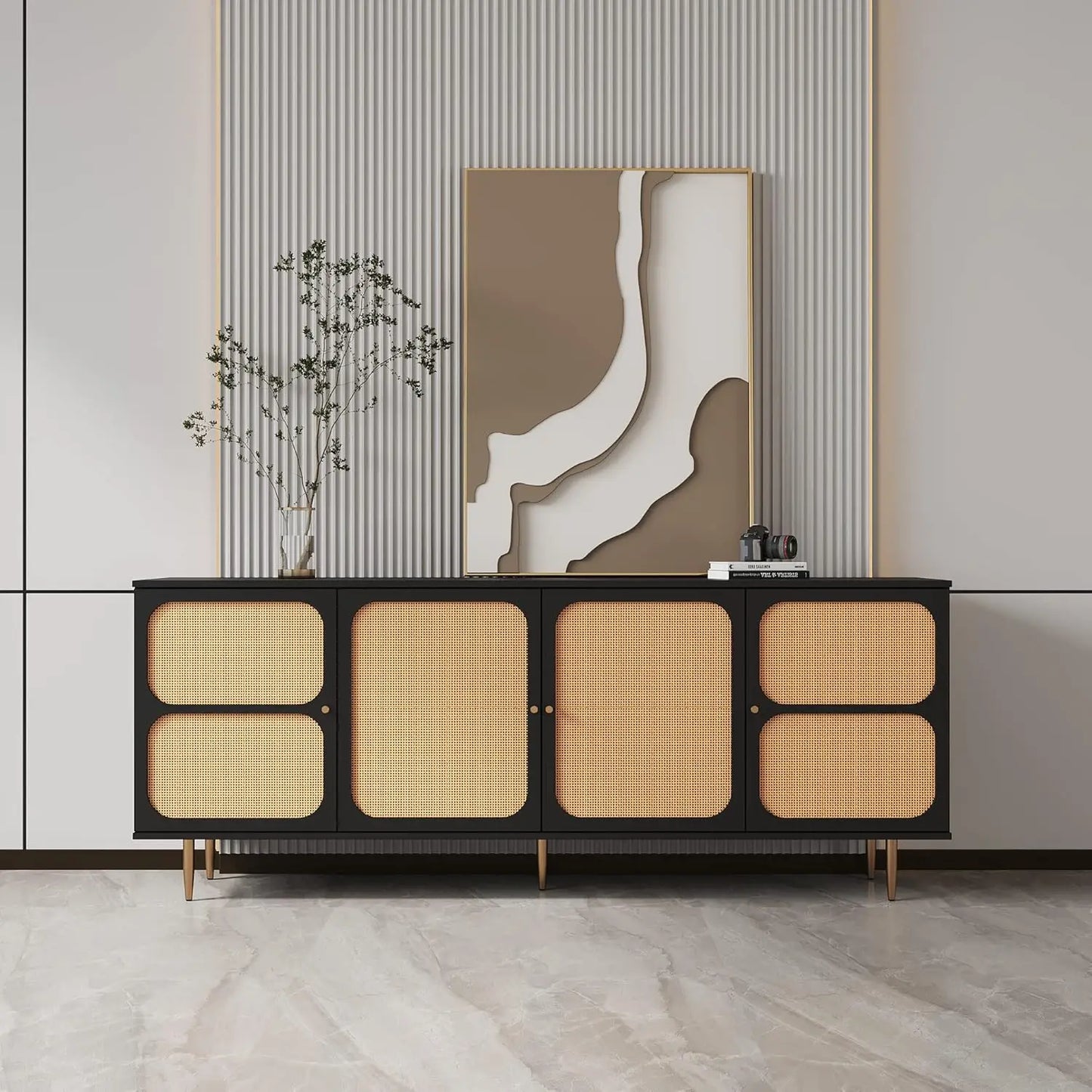 Buffet Sideboard Cabinet with Rattan Doors Mid-Century Modern Storage