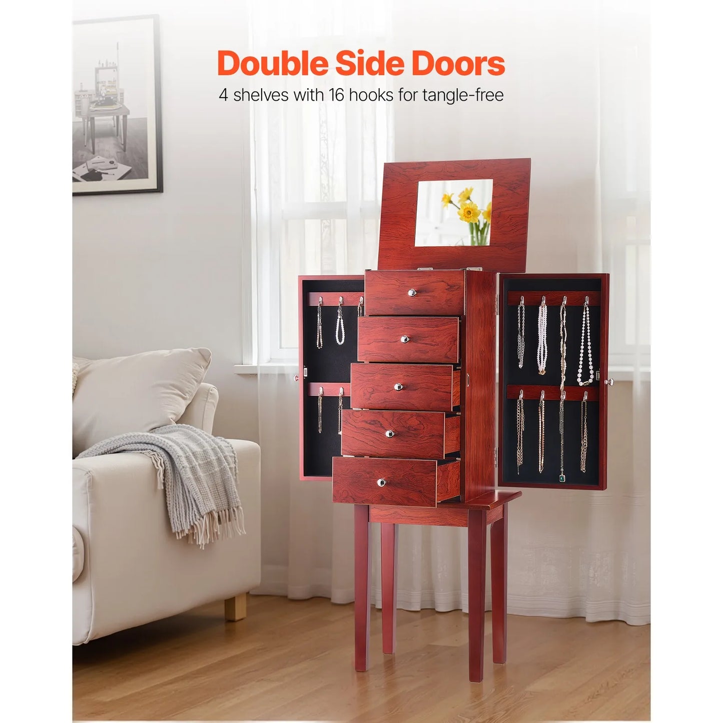 Jewelry Cabinet Armoire Standing Storage Chest with Mirror and Drawers