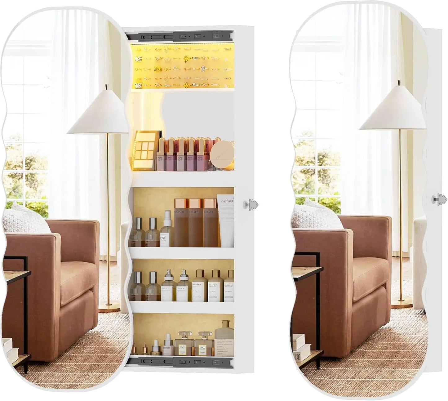 Jewelry Armoire with LED Lights Lockable Wavy Mirror Jewelry Organizer