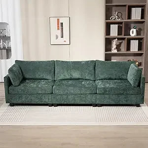 Modern 3-Seater Chenille Sofa Beige Deep Seat Couch with Cushions & Side Pocket