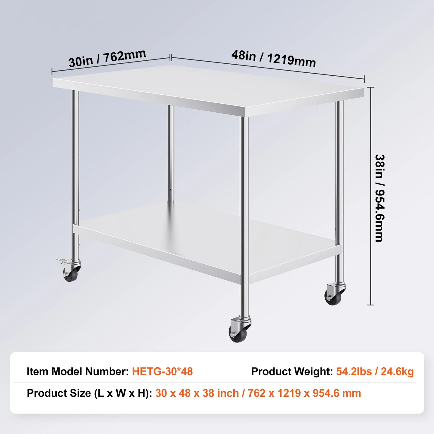 Heavy Duty Stainless Steel Work Table with Wheels Adjustable Height