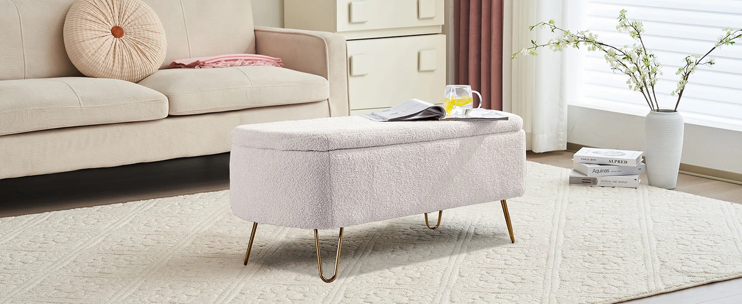 40 Inch Boucle Sherpa Ottoman Bench Storage Upholstered Gold Legs