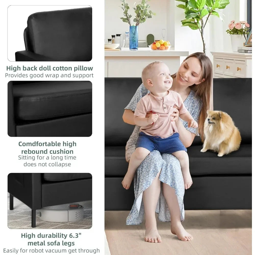 72" Faux Leather Sofa Couch with USB Ports & Storage for Living Room