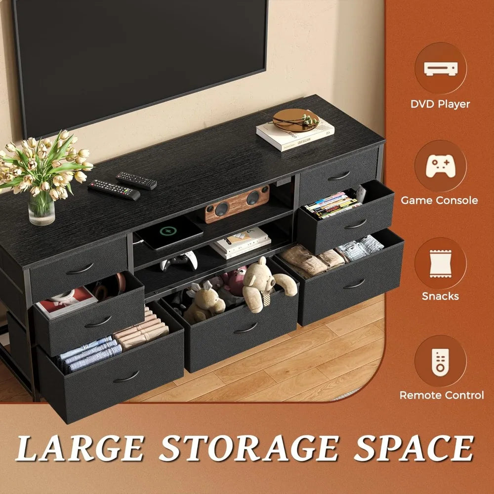 Modern TV Stand with Power Outlets LED Lights 7 Drawer Console