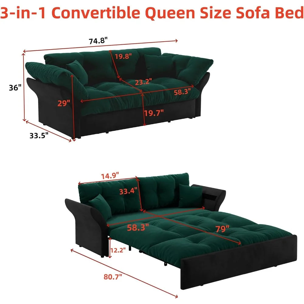 Ljustra 74.8" Queen Pull Out Sofa Bed Luxury Velvet Convertible Couch
