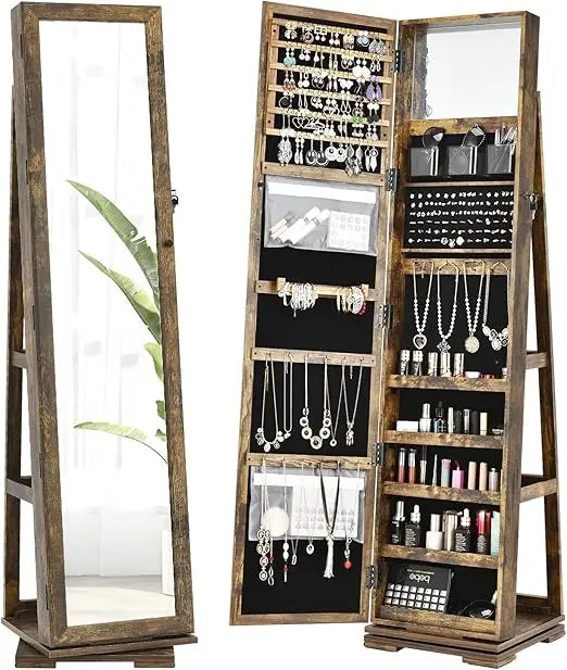 360° Swivel Jewelry Armoire Full Length Mirror Lockable Cabinet Organizer