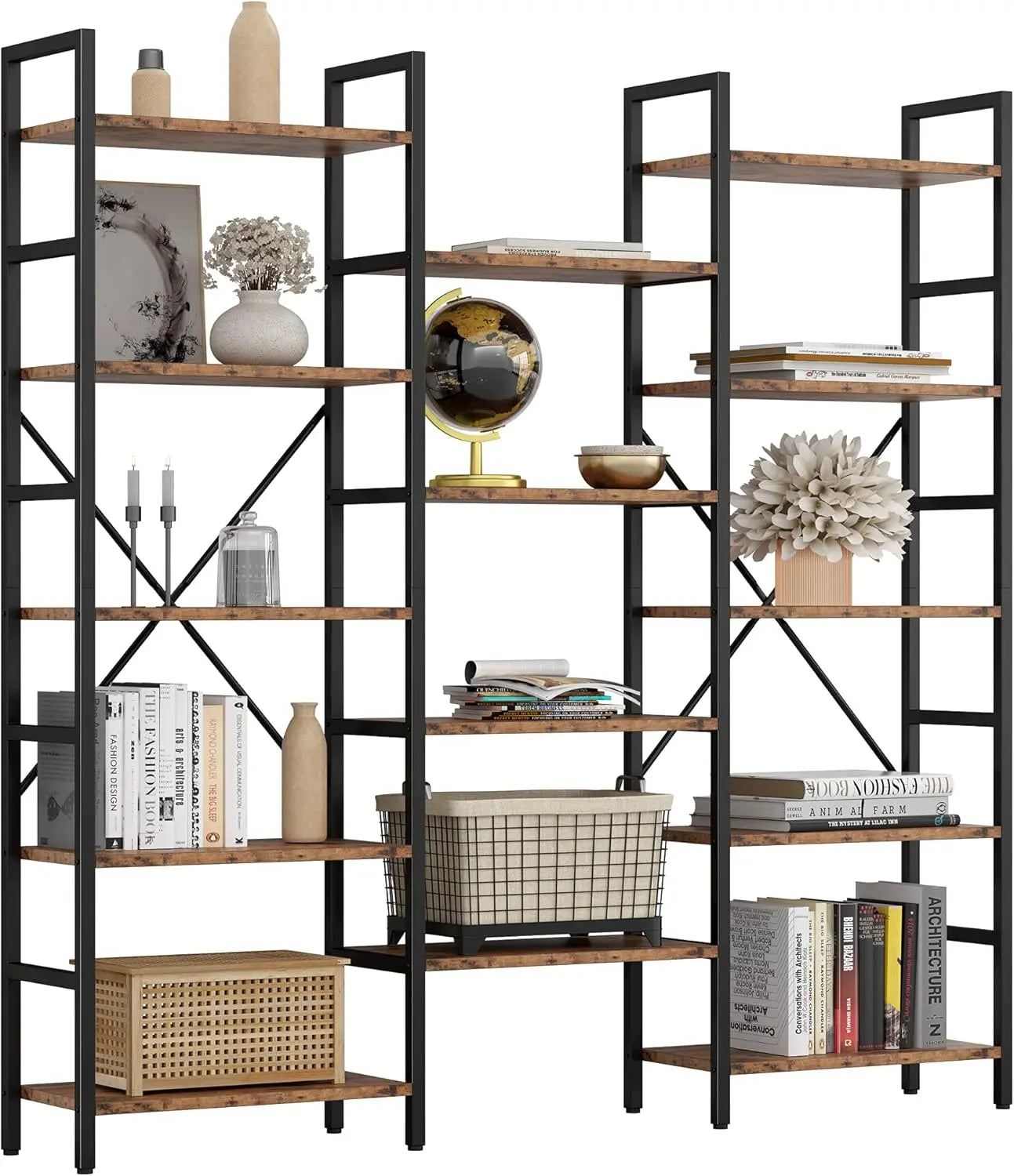 Triple Wide Industrial Bookshelf 5 Tiers Large Open Display Shelf