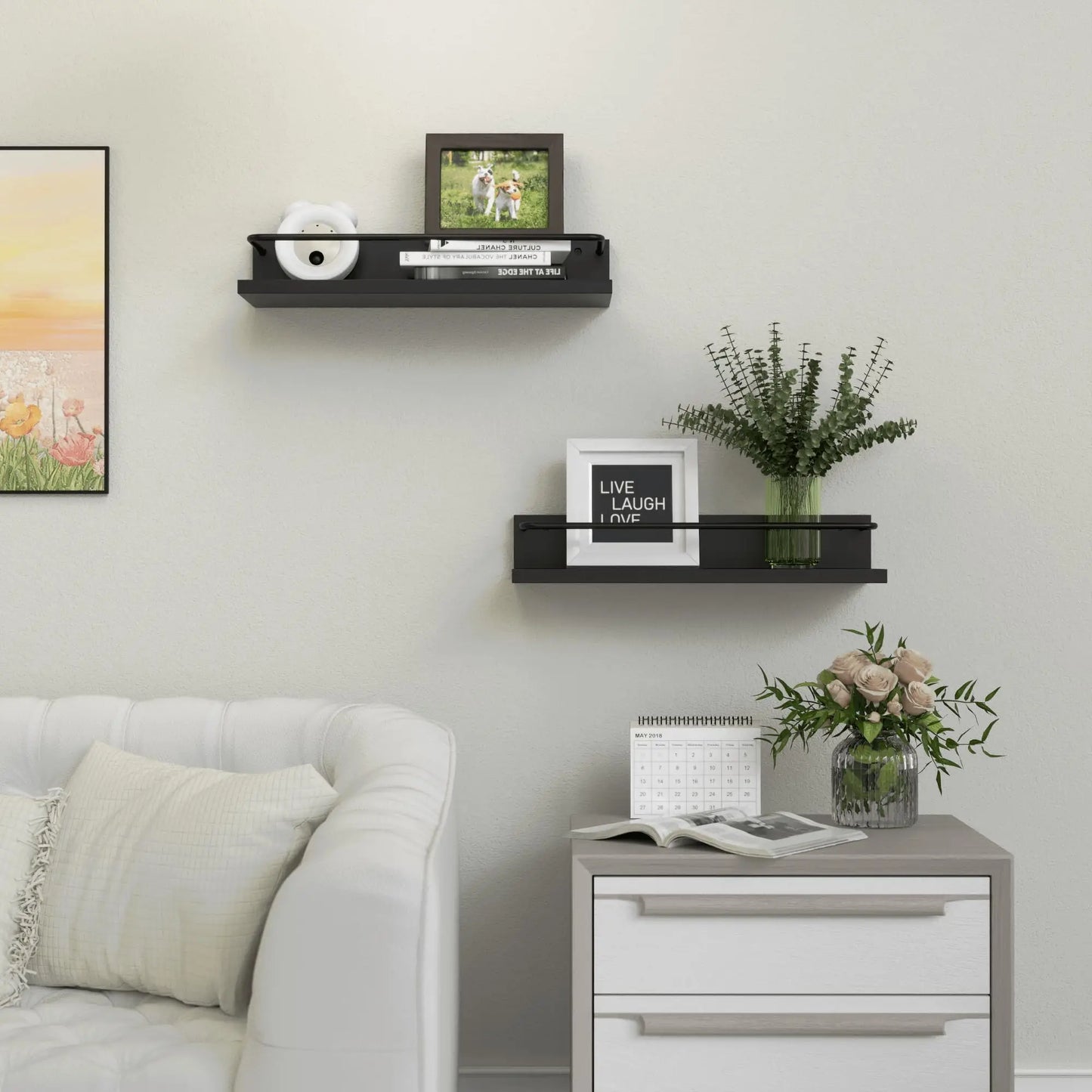 Floating Black Shelves with Metal Guardrail Set of 2 Modern Bathroom Storage