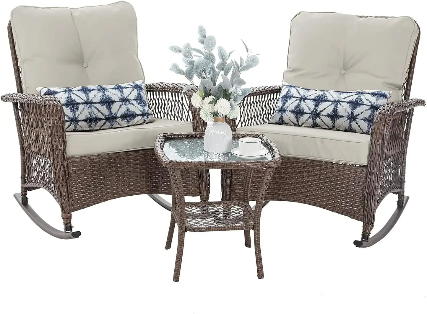 Ljustra 3 Piece Patio Furniture Set Wicker Rocking Chairs Coffee Table