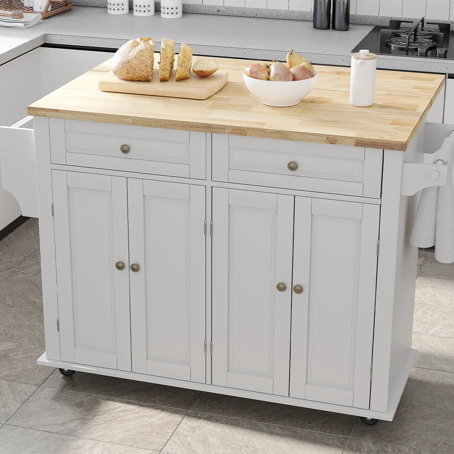 Rolling Kitchen Island on Wheels with Drop Leaf Storage Cabinet